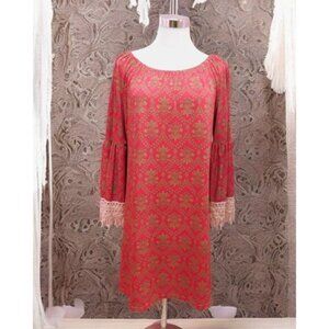 Lady's World Pink Gold Boho Dress M Damask Print Bell Sleeve Lace Trim